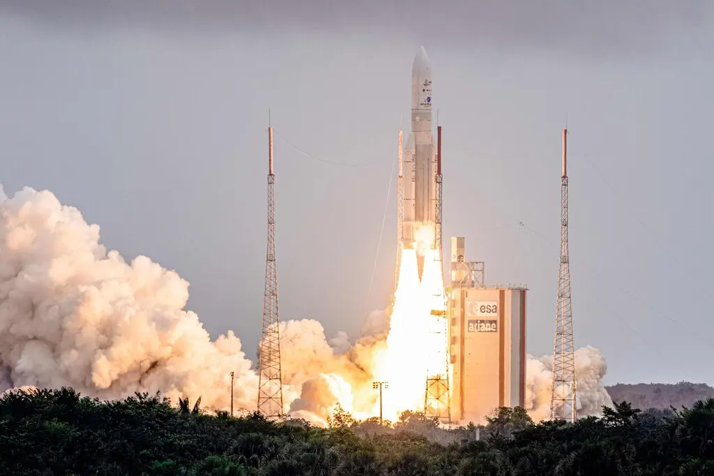 The James Webb Space Telescope launching into space aboard an Ariane 5 rocket on Christmas morning from the Guiana Space Center in French Guiana.